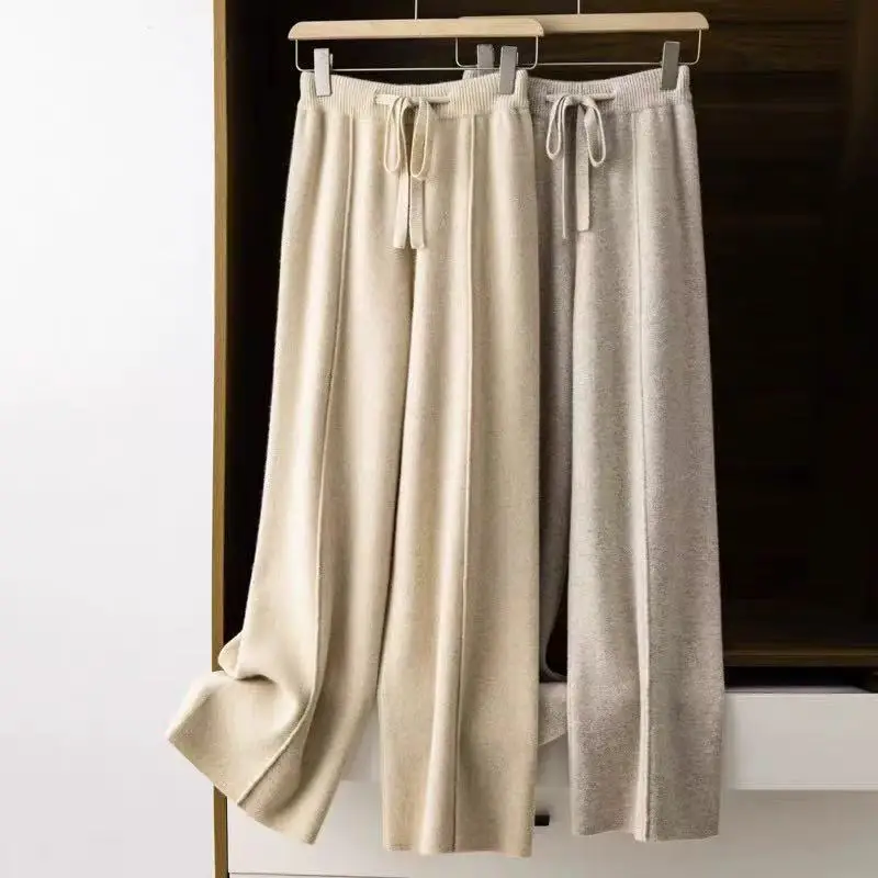 Women Pants Full Length Elastic Waist Knitted Pant Haigh Waist Wide Leg Autumn Winter Warm Stretch Trousers Casual Korean Pants