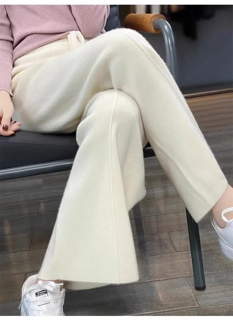 Women Pants Full Length Elastic Waist Knitted Pant Haigh Waist Wide Leg Autumn Winter Warm Stretch Trousers Casual Korean Pants