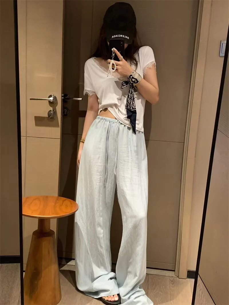 Elegant White Wide Leg Pants Women Fashion Streetwear Linen Black Baggy Pants Summer Korean High Waist Casual Straight Trousers