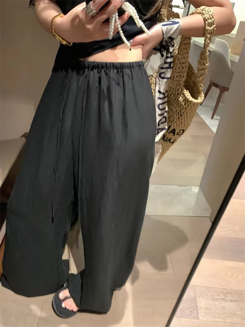 Elegant White Wide Leg Pants Women Fashion Streetwear Linen Black Baggy Pants Summer Korean High Waist Casual Straight Trousers