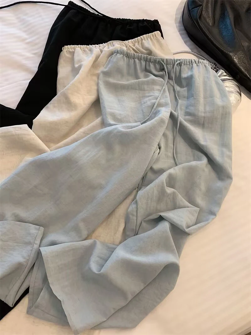 Elegant White Wide Leg Pants Women Fashion Streetwear Linen Black Baggy Pants Summer Korean High Waist Casual Straight Trousers