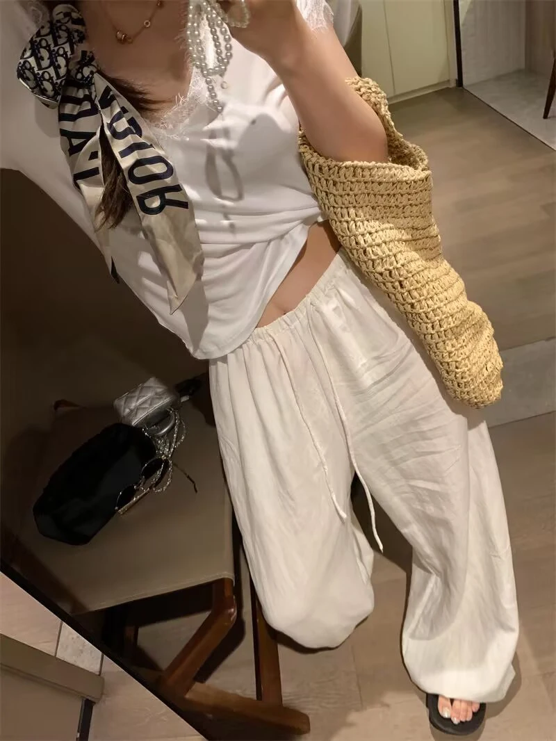 Elegant White Wide Leg Pants Women Fashion Streetwear Linen Black Baggy Pants Summer Korean High Waist Casual Straight Trousers