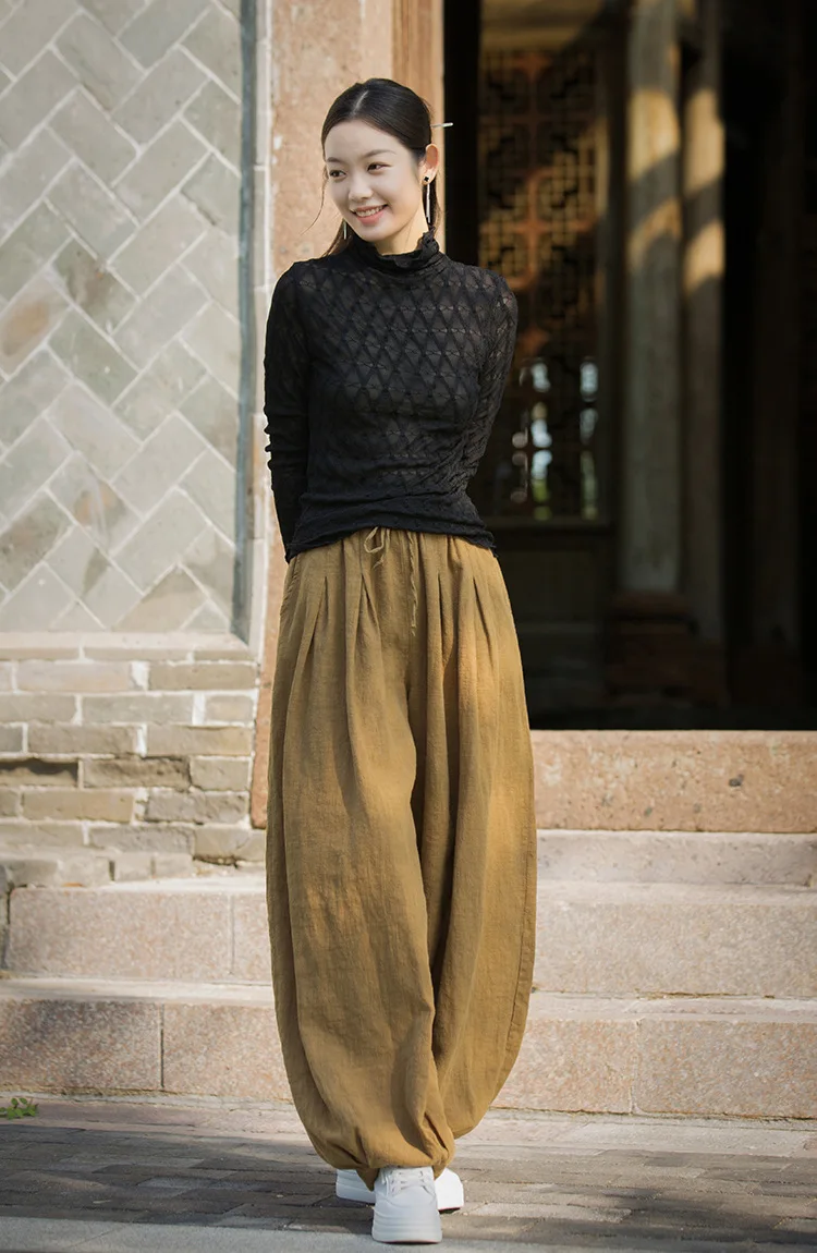 Johnature Women Vintage Ramie Cotton Long Pants Elastic Waist Solid Color Trousers 2025 Autumn New Belt Loose Bloomers Pants