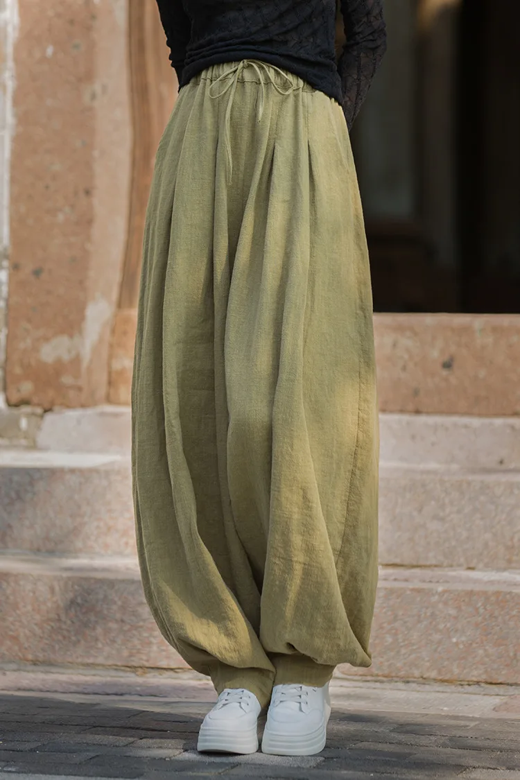 Johnature Women Vintage Ramie Cotton Long Pants Elastic Waist Solid Color Trousers 2025 Autumn New Belt Loose Bloomers Pants