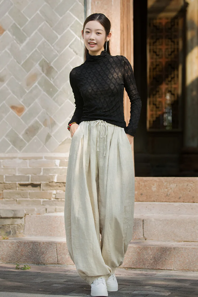 Johnature Women Vintage Ramie Cotton Long Pants Elastic Waist Solid Color Trousers 2025 Autumn New Belt Loose Bloomers Pants