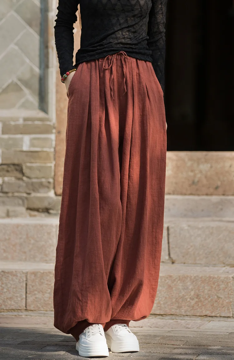 Johnature Women Vintage Ramie Cotton Long Pants Elastic Waist Solid Color Trousers 2025 Autumn New Belt Loose Bloomers Pants