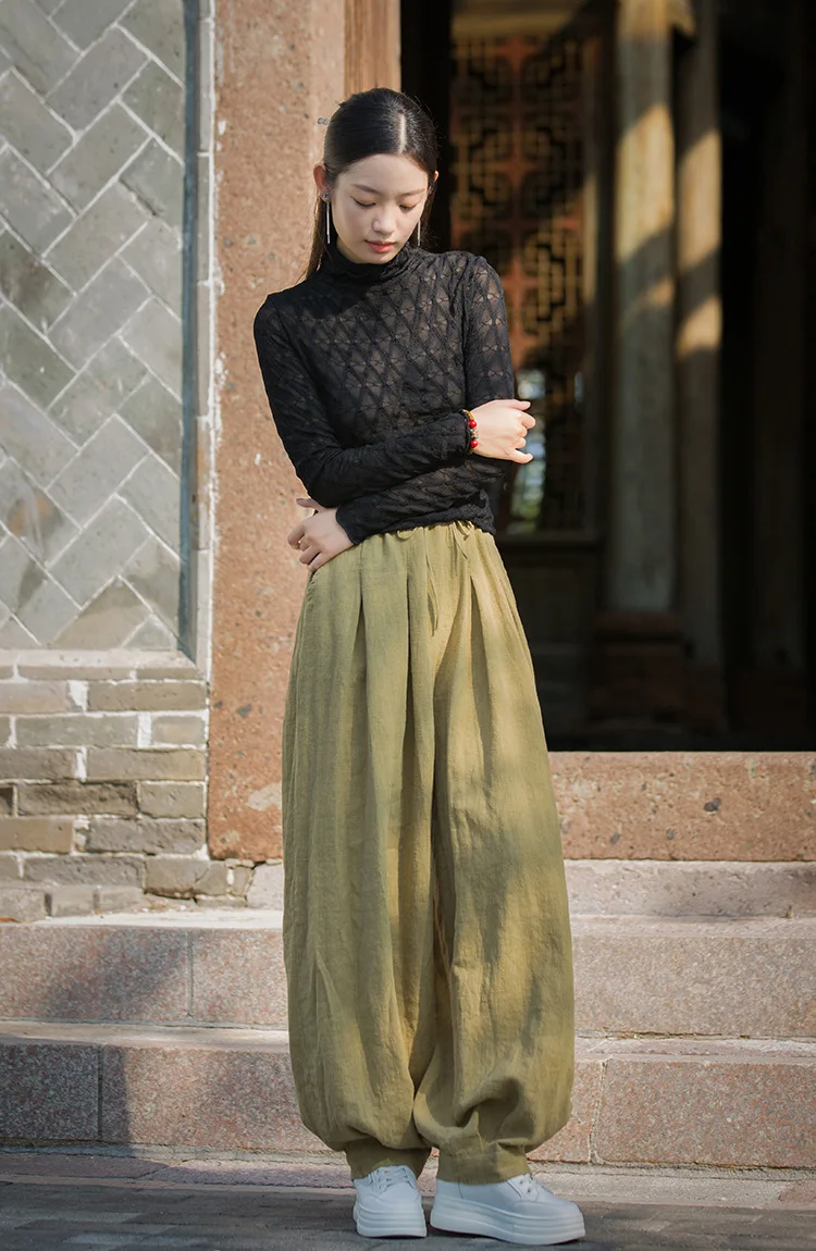 Johnature Women Vintage Ramie Cotton Long Pants Elastic Waist Solid Color Trousers 2025 Autumn New Belt Loose Bloomers Pants