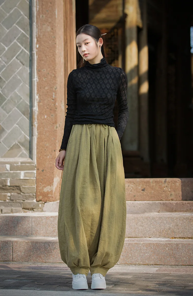 Johnature Women Vintage Ramie Cotton Long Pants Elastic Waist Solid Color Trousers 2025 Autumn New Belt Loose Bloomers Pants