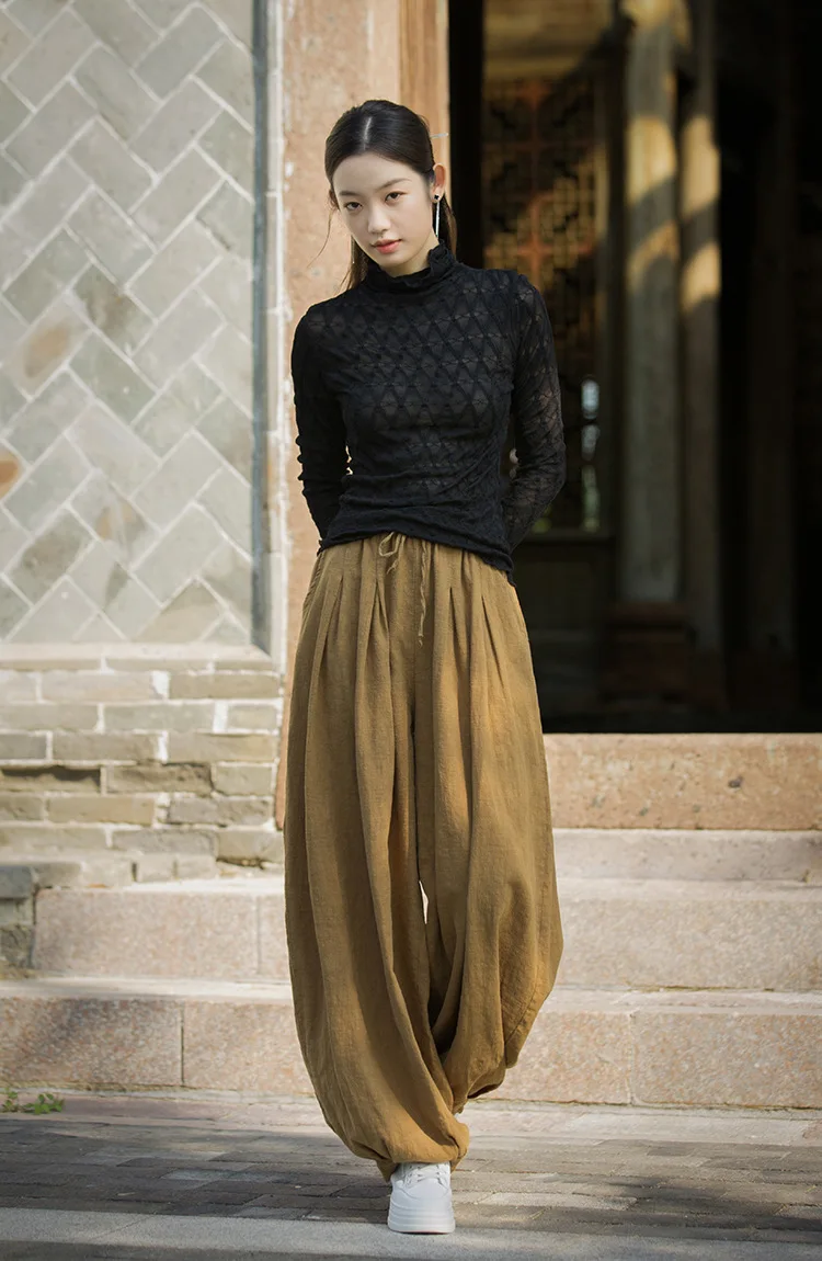 Johnature Women Vintage Ramie Cotton Long Pants Elastic Waist Solid Color Trousers 2025 Autumn New Belt Loose Bloomers Pants