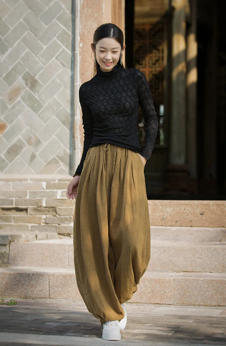 Johnature Women Vintage Ramie Cotton Long Pants Elastic Waist Solid Color Trousers 2025 Autumn New Belt Loose Bloomers Pants
