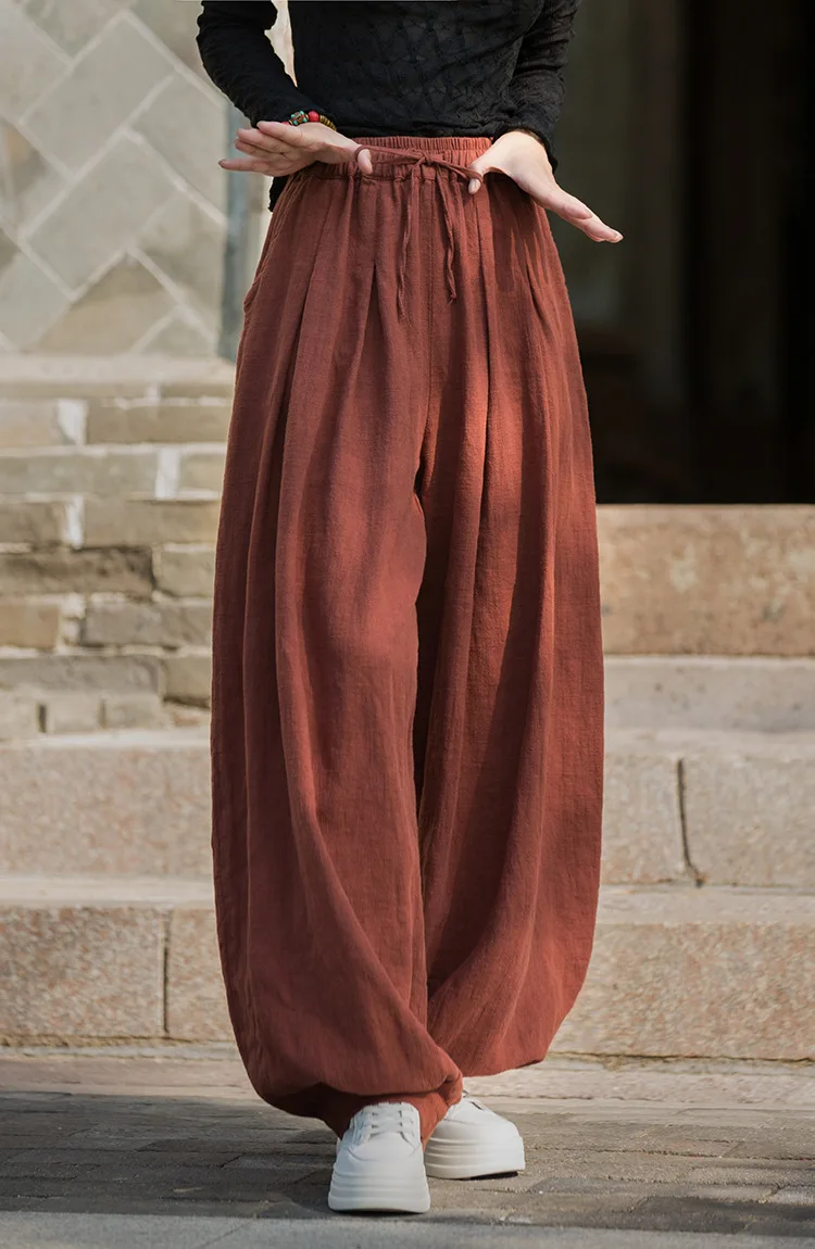 Johnature Women Vintage Ramie Cotton Long Pants Elastic Waist Solid Color Trousers 2025 Autumn New Belt Loose Bloomers Pants