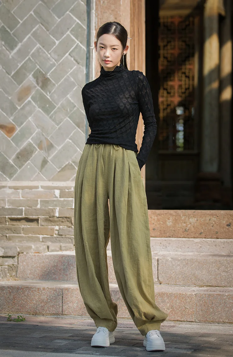 Johnature Women Vintage Ramie Cotton Long Pants Elastic Waist Solid Color Trousers 2025 Autumn New Belt Loose Bloomers Pants