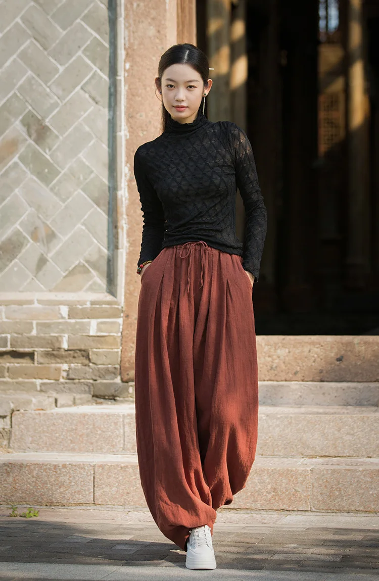 Johnature Women Vintage Ramie Cotton Long Pants Elastic Waist Solid Color Trousers 2025 Autumn New Belt Loose Bloomers Pants