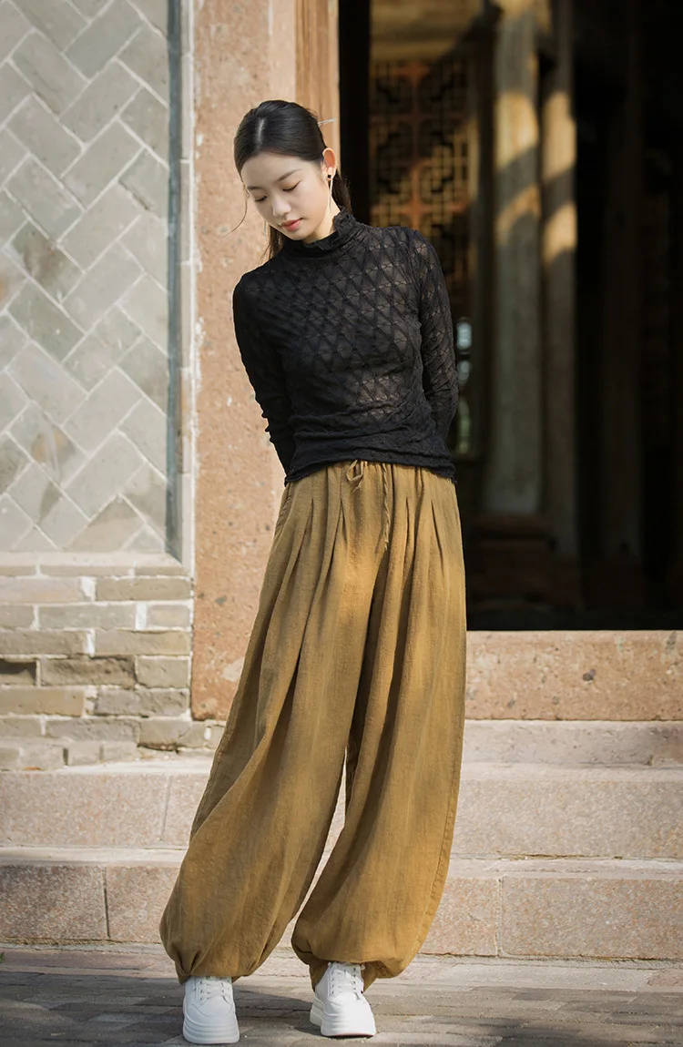Johnature Women Vintage Ramie Cotton Long Pants Elastic Waist Solid Color Trousers 2025 Autumn New Belt Loose Bloomers Pants