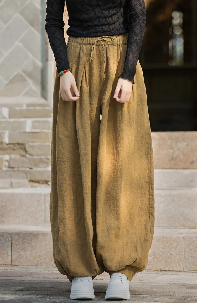 Johnature Women Vintage Ramie Cotton Long Pants Elastic Waist Solid Color Trousers 2025 Autumn New Belt Loose Bloomers Pants