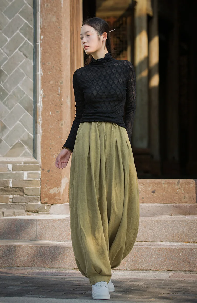 Johnature Women Vintage Ramie Cotton Long Pants Elastic Waist Solid Color Trousers 2025 Autumn New Belt Loose Bloomers Pants