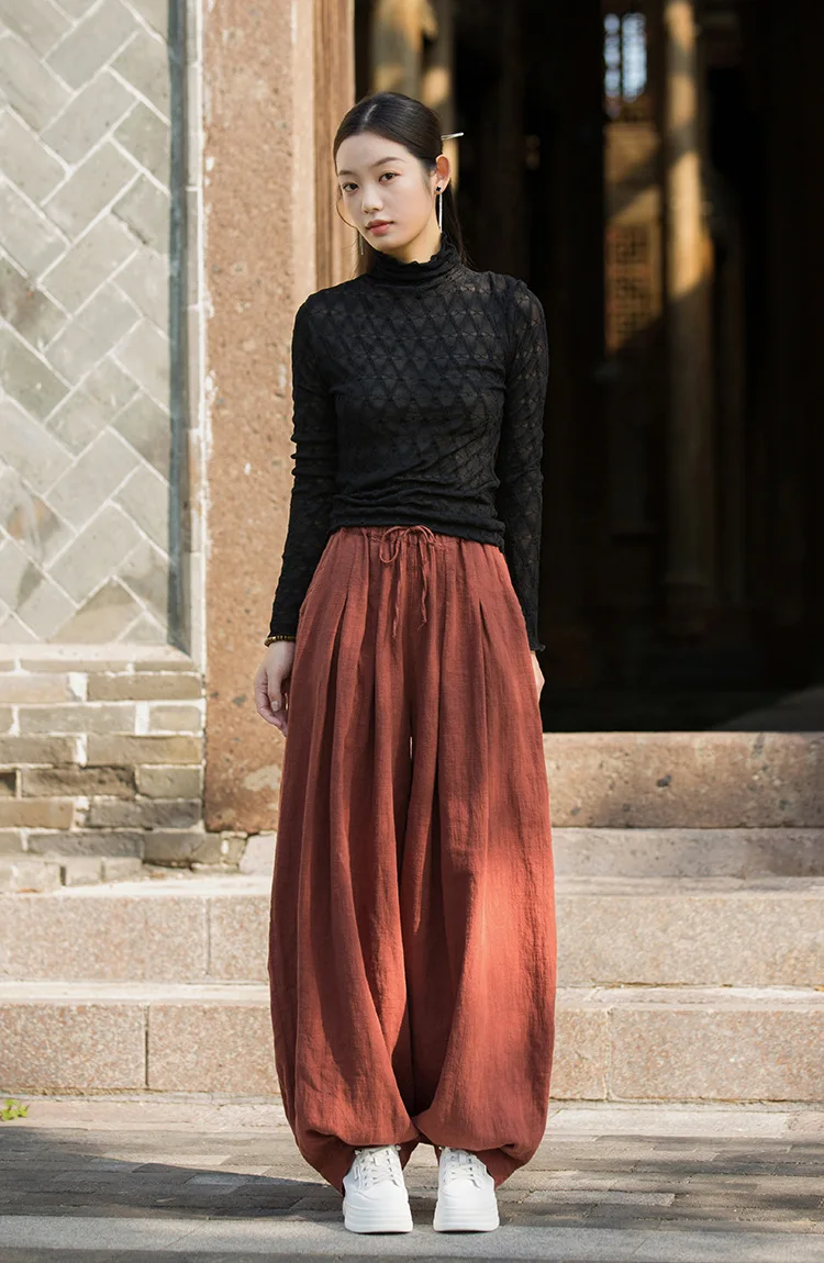 Johnature Women Vintage Ramie Cotton Long Pants Elastic Waist Solid Color Trousers 2025 Autumn New Belt Loose Bloomers Pants