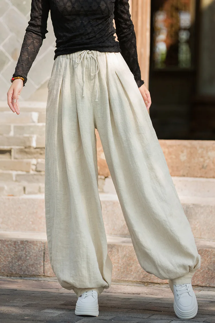 Johnature Women Vintage Ramie Cotton Long Pants Elastic Waist Solid Color Trousers 2025 Autumn New Belt Loose Bloomers Pants