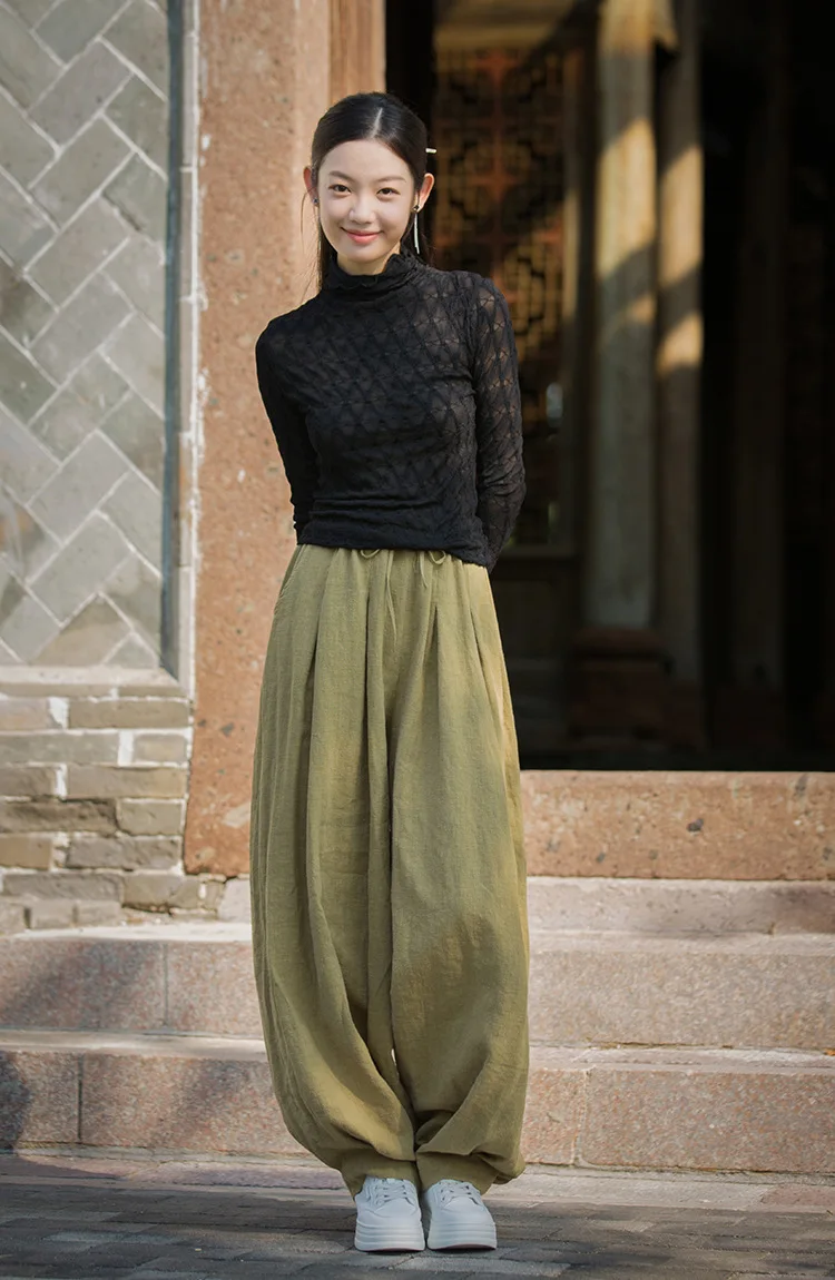 Johnature Women Vintage Ramie Cotton Long Pants Elastic Waist Solid Color Trousers 2025 Autumn New Belt Loose Bloomers Pants