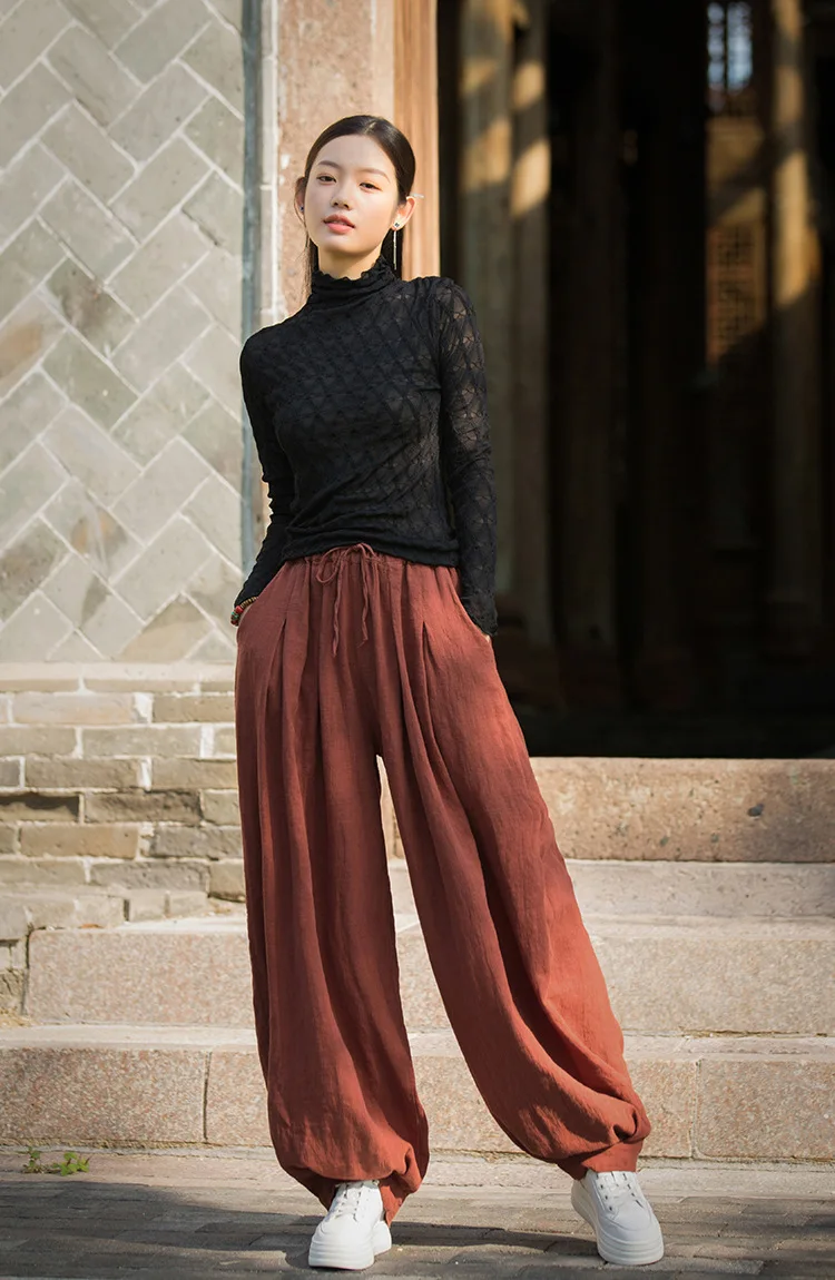 Johnature Women Vintage Ramie Cotton Long Pants Elastic Waist Solid Color Trousers 2025 Autumn New Belt Loose Bloomers Pants