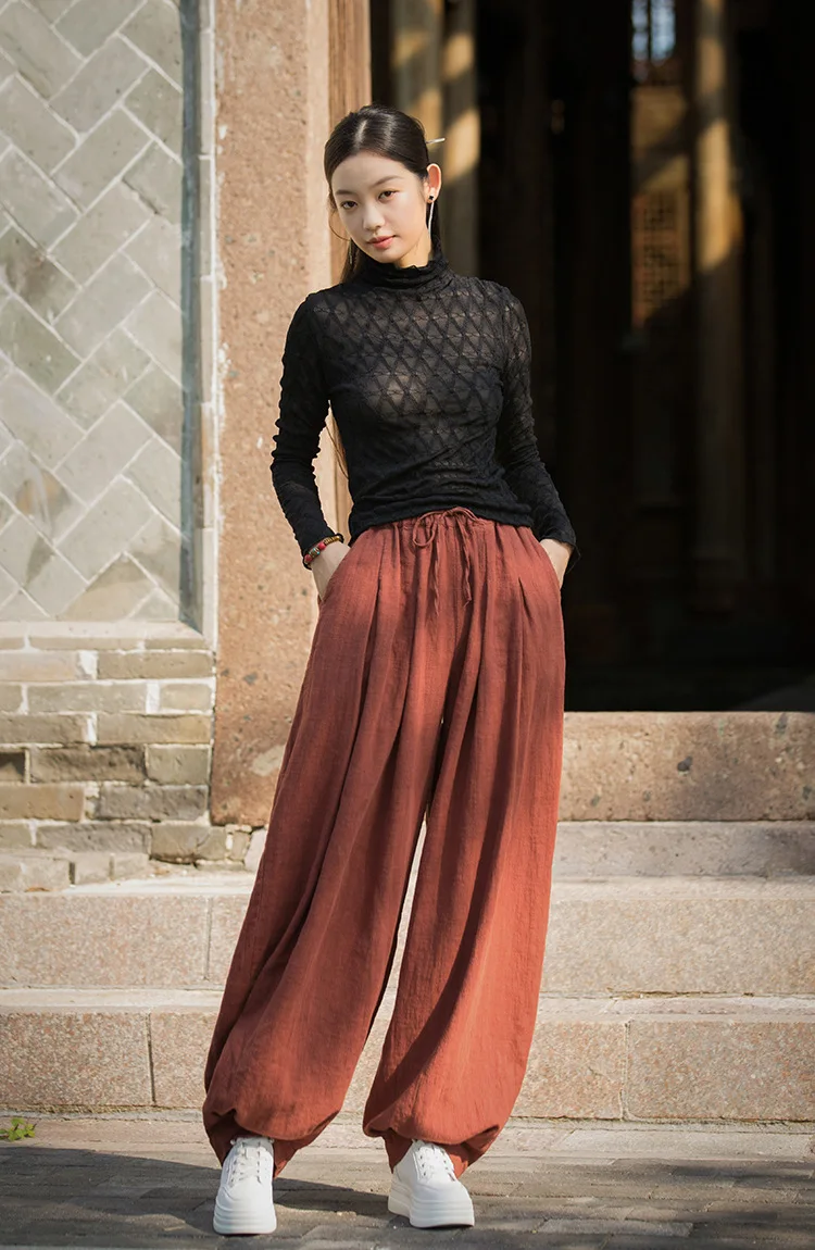 Johnature Women Vintage Ramie Cotton Long Pants Elastic Waist Solid Color Trousers 2025 Autumn New Belt Loose Bloomers Pants