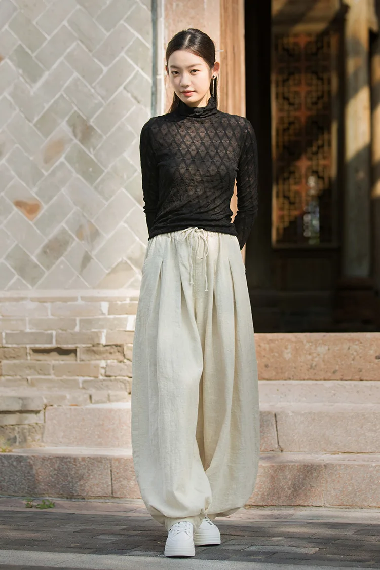 Johnature Women Vintage Ramie Cotton Long Pants Elastic Waist Solid Color Trousers 2025 Autumn New Belt Loose Bloomers Pants