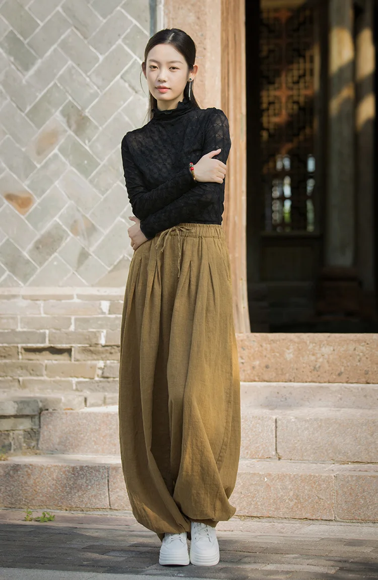 Johnature Women Vintage Ramie Cotton Long Pants Elastic Waist Solid Color Trousers 2025 Autumn New Belt Loose Bloomers Pants