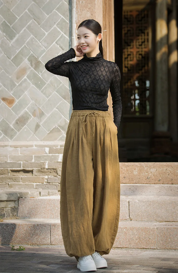 Johnature Women Vintage Ramie Cotton Long Pants Elastic Waist Solid Color Trousers 2025 Autumn New Belt Loose Bloomers Pants
