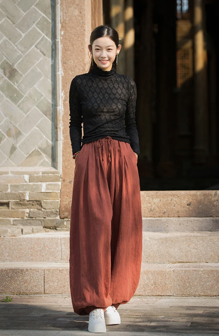 Johnature Women Vintage Ramie Cotton Long Pants Elastic Waist Solid Color Trousers 2025 Autumn New Belt Loose Bloomers Pants