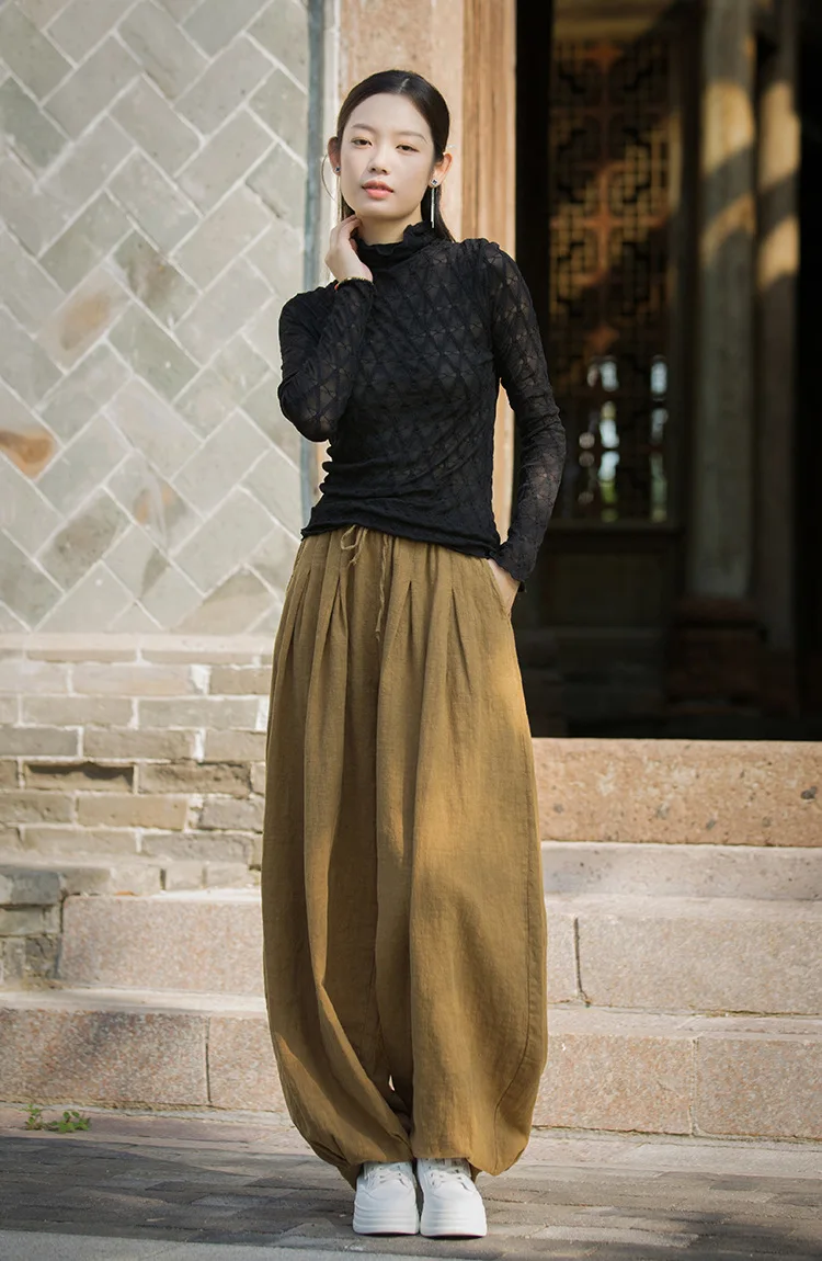 Johnature Women Vintage Ramie Cotton Long Pants Elastic Waist Solid Color Trousers 2025 Autumn New Belt Loose Bloomers Pants