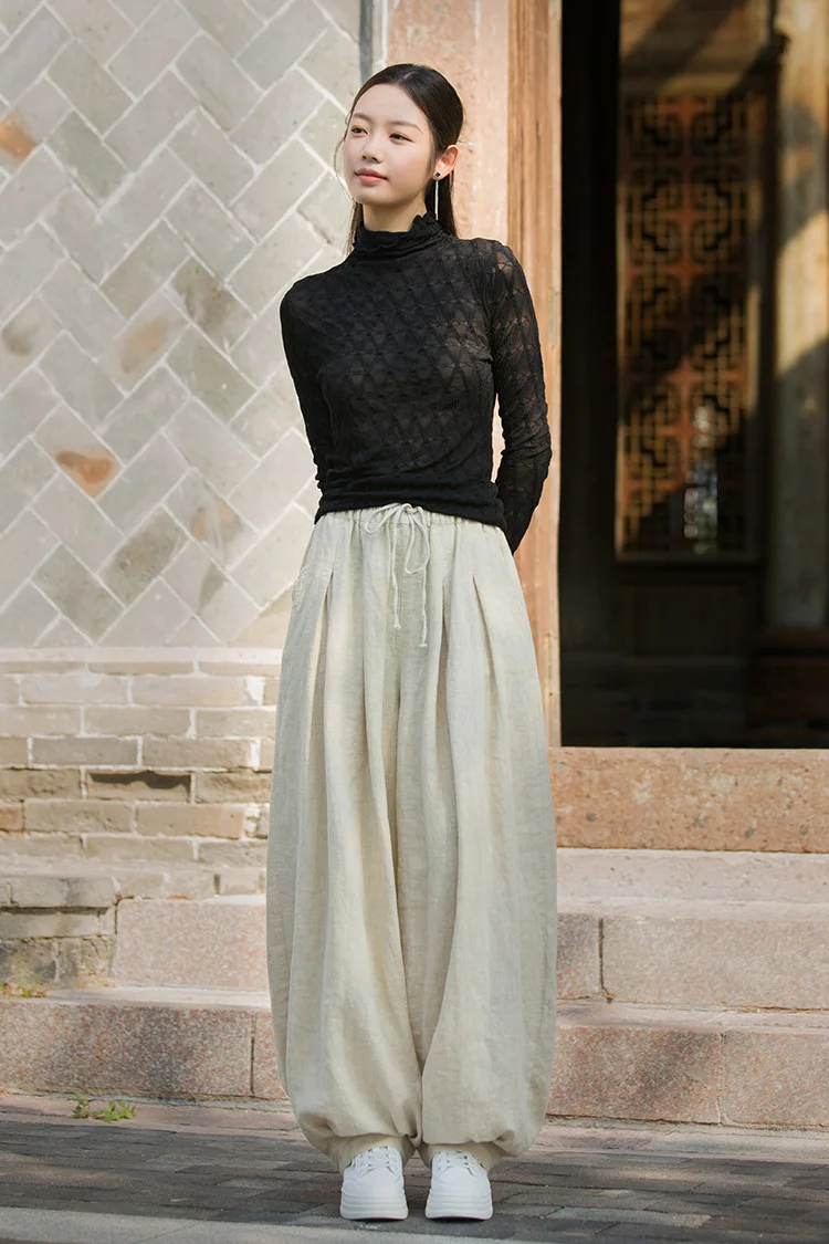 Johnature Women Vintage Ramie Cotton Long Pants Elastic Waist Solid Color Trousers 2025 Autumn New Belt Loose Bloomers Pants