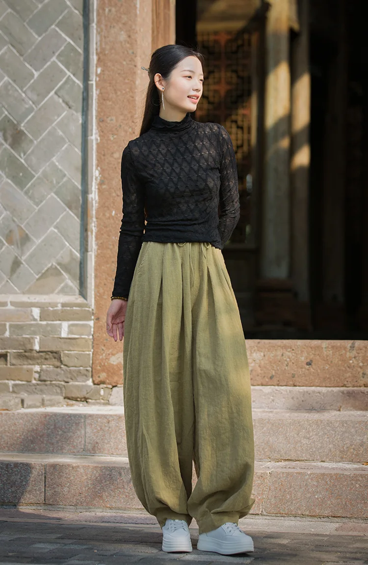 Johnature Women Vintage Ramie Cotton Long Pants Elastic Waist Solid Color Trousers 2025 Autumn New Belt Loose Bloomers Pants