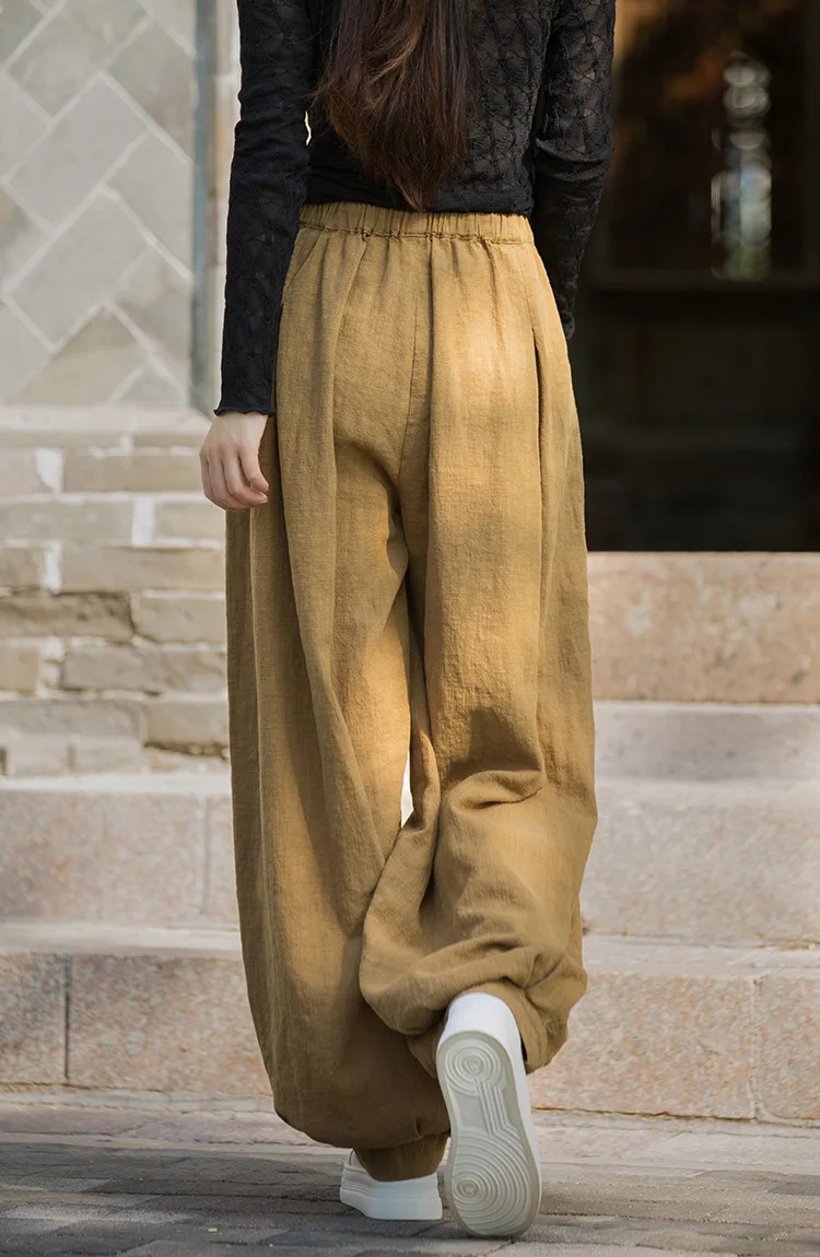 Johnature Women Vintage Ramie Cotton Long Pants Elastic Waist Solid Color Trousers 2025 Autumn New Belt Loose Bloomers Pants
