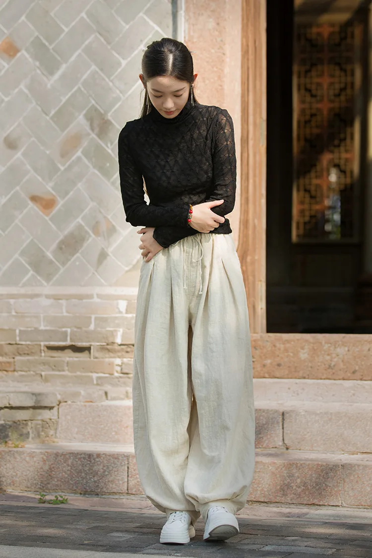 Johnature Women Vintage Ramie Cotton Long Pants Elastic Waist Solid Color Trousers 2025 Autumn New Belt Loose Bloomers Pants