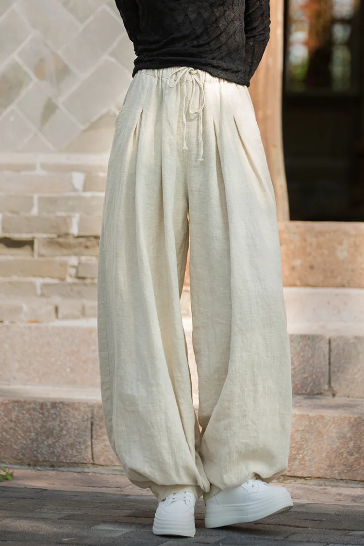 Johnature Women Vintage Ramie Cotton Long Pants Elastic Waist Solid Color Trousers 2025 Autumn New Belt Loose Bloomers Pants