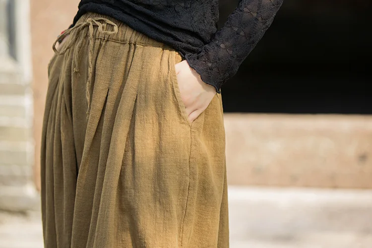 Johnature Women Vintage Ramie Cotton Long Pants Elastic Waist Solid Color Trousers 2025 Autumn New Belt Loose Bloomers Pants