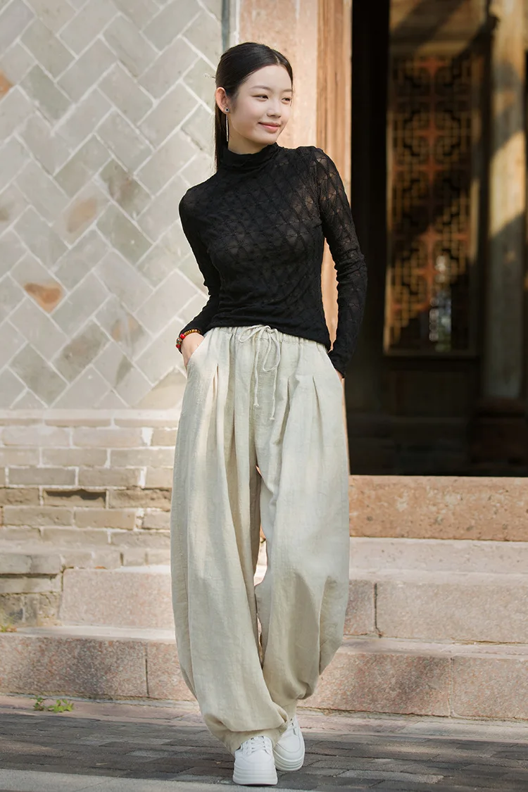 Johnature Women Vintage Ramie Cotton Long Pants Elastic Waist Solid Color Trousers 2025 Autumn New Belt Loose Bloomers Pants
