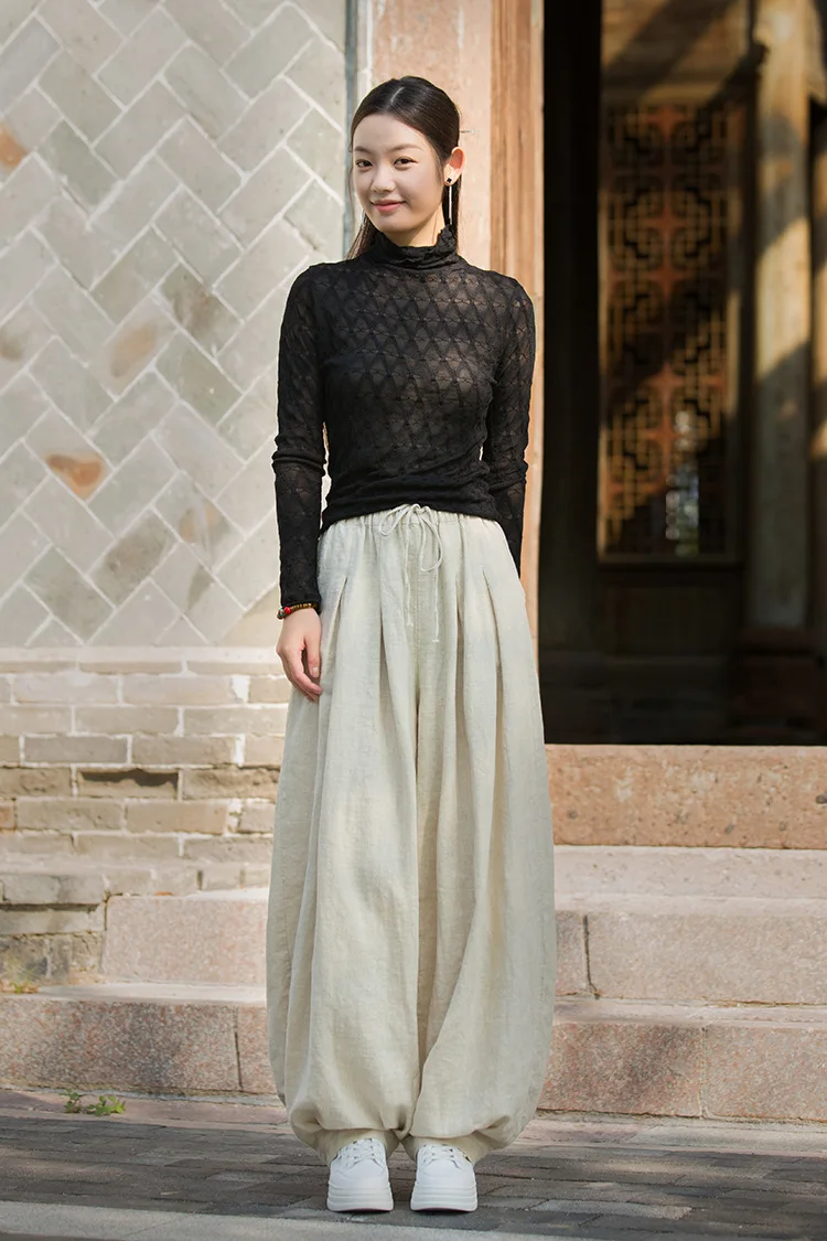 Johnature Women Vintage Ramie Cotton Long Pants Elastic Waist Solid Color Trousers 2025 Autumn New Belt Loose Bloomers Pants