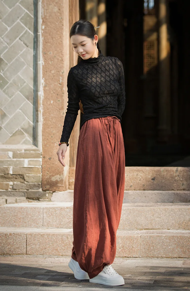 Johnature Women Vintage Ramie Cotton Long Pants Elastic Waist Solid Color Trousers 2025 Autumn New Belt Loose Bloomers Pants