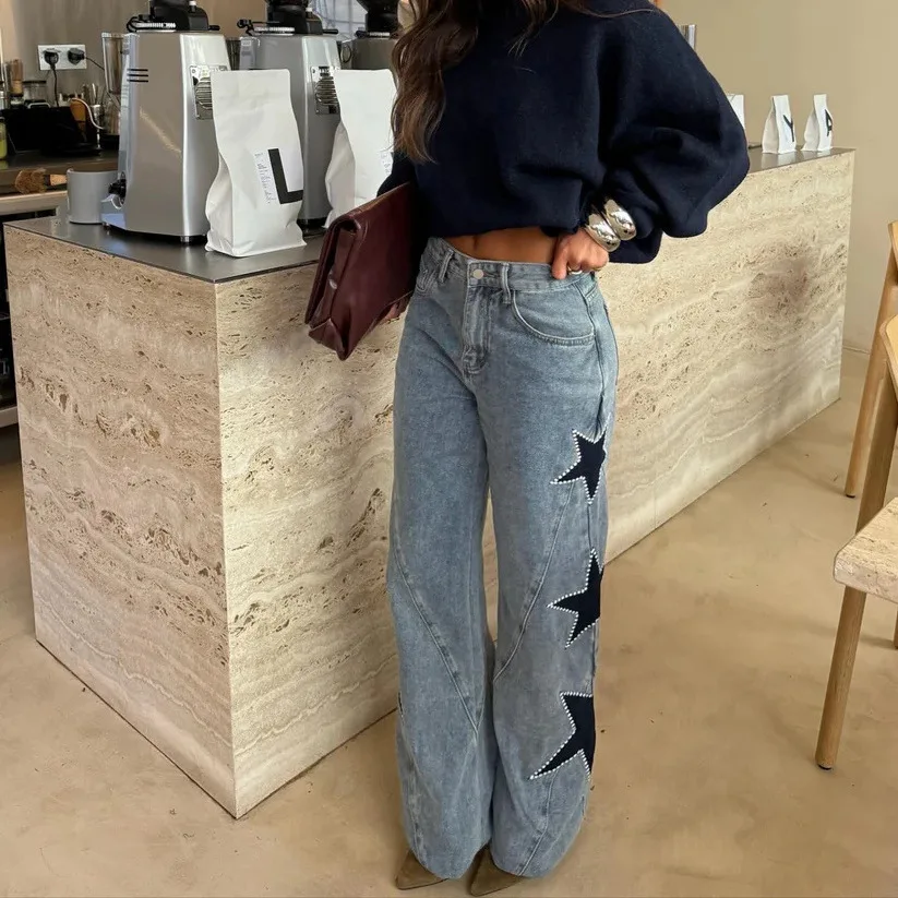 2026 New Fashion Printed Zipper Wide Leg Pants Women Spring Casual Loose Five-pointed Star Denim Trousers For Women