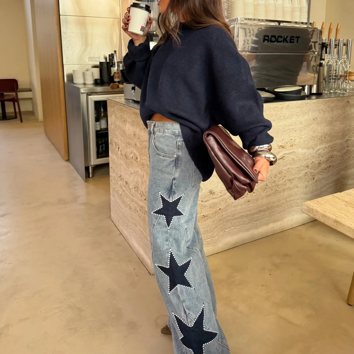 2026 New Fashion Printed Zipper Wide Leg Pants Women Spring Casual Loose Five-pointed Star Denim Trousers For Women