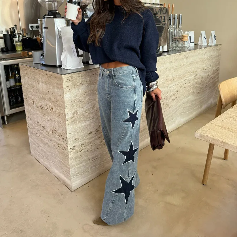 2026 New Fashion Printed Zipper Wide Leg Pants Women Spring Casual Loose Five-pointed Star Denim Trousers For Women