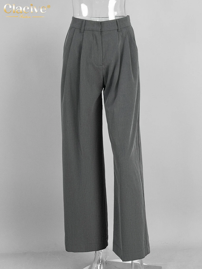 Clacive Fashion Loose Gray Office Women Pants Casual High Waist Wide Pants Elegant Classic Full Length Trousers Female Clothing