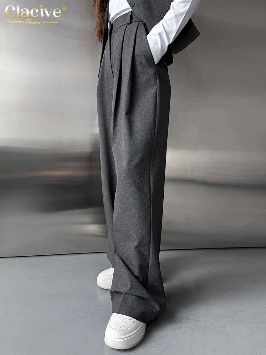 Clacive Fashion Loose Gray Office Women Pants Casual High Waist Wide Pants Elegant Classic Full Length Trousers Female Clothing