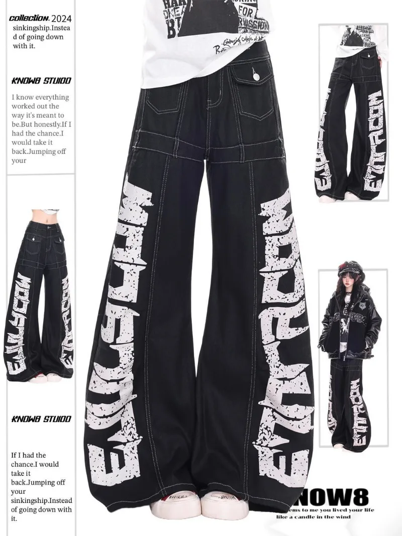 Vintage Y2k Red Baggy Cargo Pants Women Hip Hop Gothic Punk Hippie Removable Wide Leg Denim Pants Streetwear Casual Jeans New
