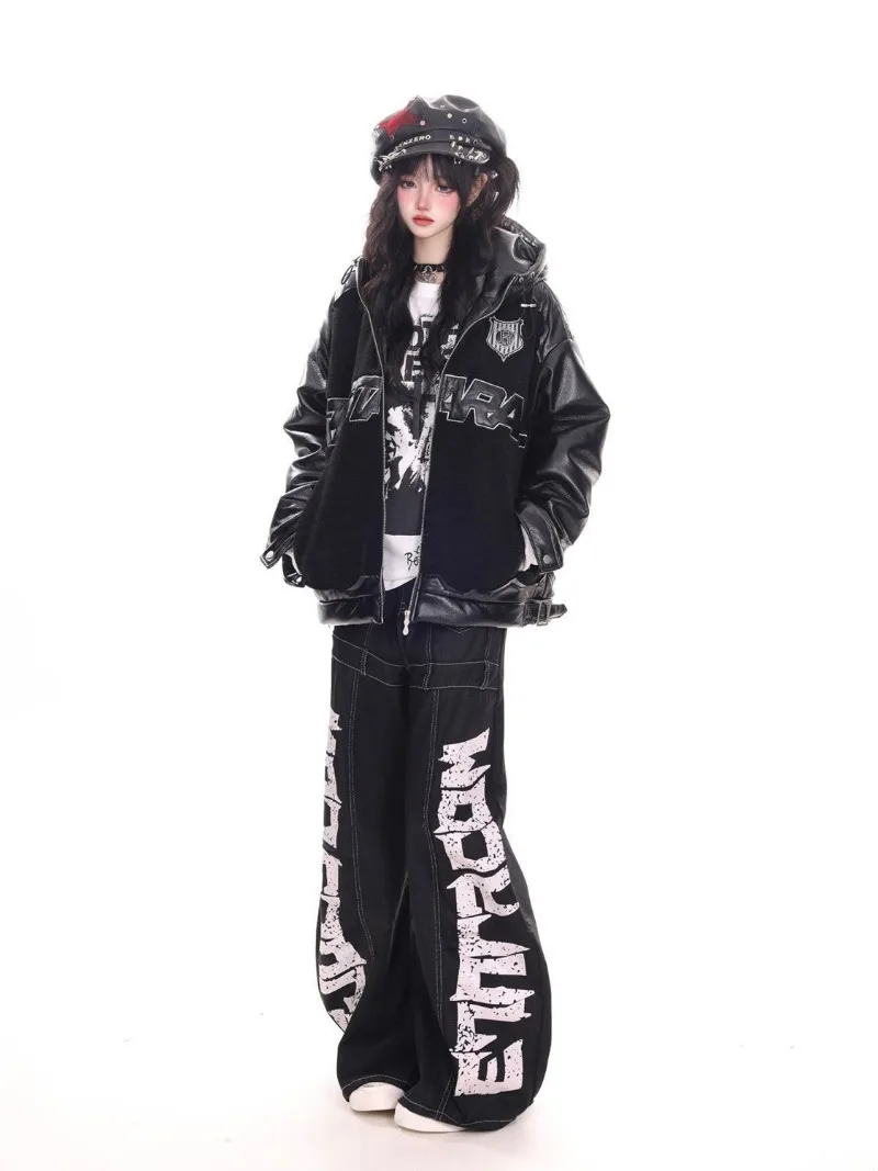 Vintage Y2k Red Baggy Cargo Pants Women Hip Hop Gothic Punk Hippie Removable Wide Leg Denim Pants Streetwear Casual Jeans New