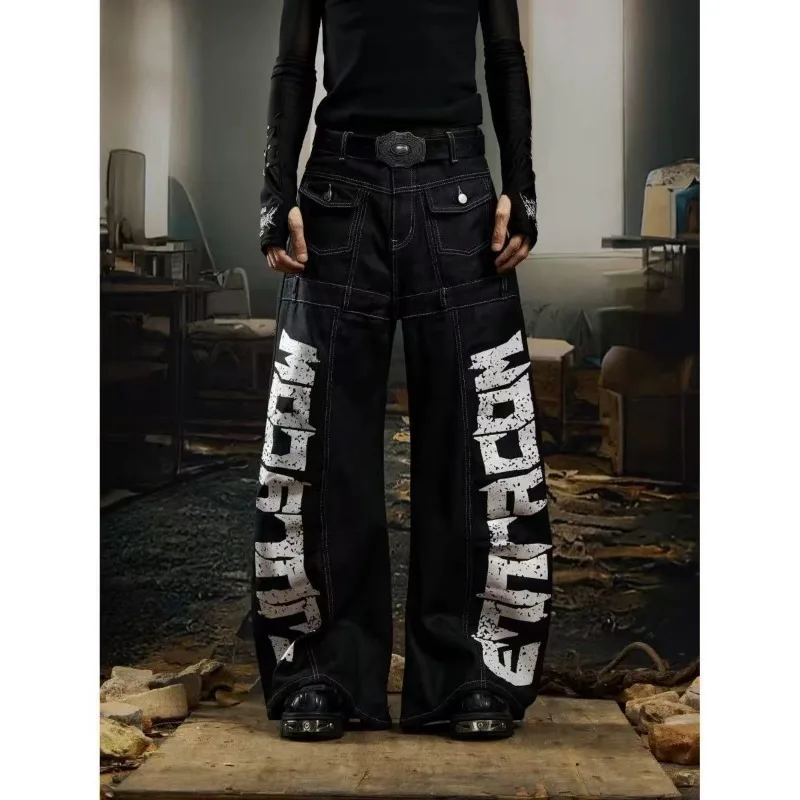Vintage Y2k Red Baggy Cargo Pants Women Hip Hop Gothic Punk Hippie Removable Wide Leg Denim Pants Streetwear Casual Jeans New
