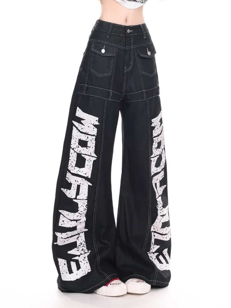Vintage Y2k Red Baggy Cargo Pants Women Hip Hop Gothic Punk Hippie Removable Wide Leg Denim Pants Streetwear Casual Jeans New