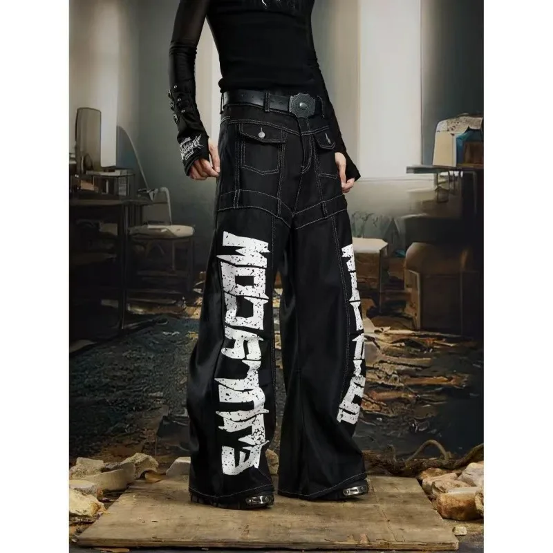 Vintage Y2k Red Baggy Cargo Pants Women Hip Hop Gothic Punk Hippie Removable Wide Leg Denim Pants Streetwear Casual Jeans New