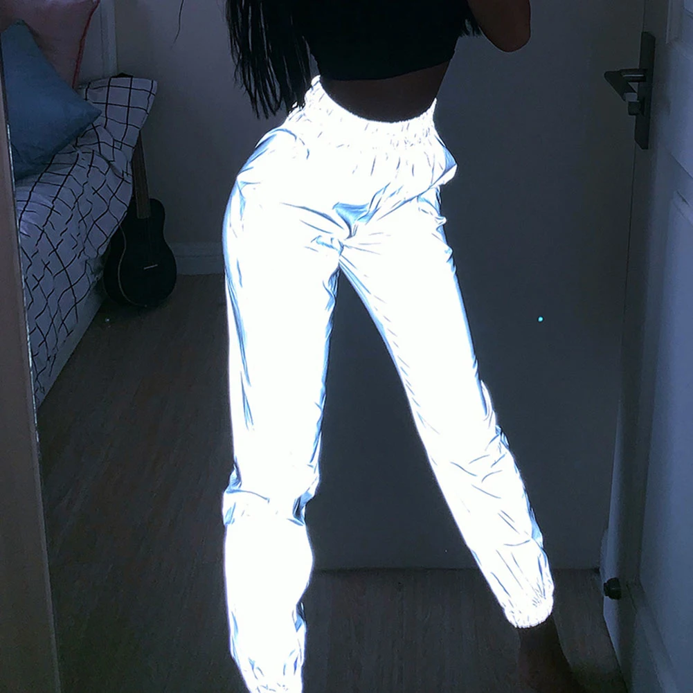 Women Sweatpant Flash Reflective Pants High Waist Joggers Hip Hop Dance Show Party Night Jogger Lady Baggy Street Wear Trousers
